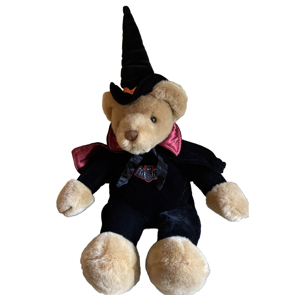 Vintage Bear Plush Witch Hat Velvet Satin Cape Embroidered Bat Halloween 10"